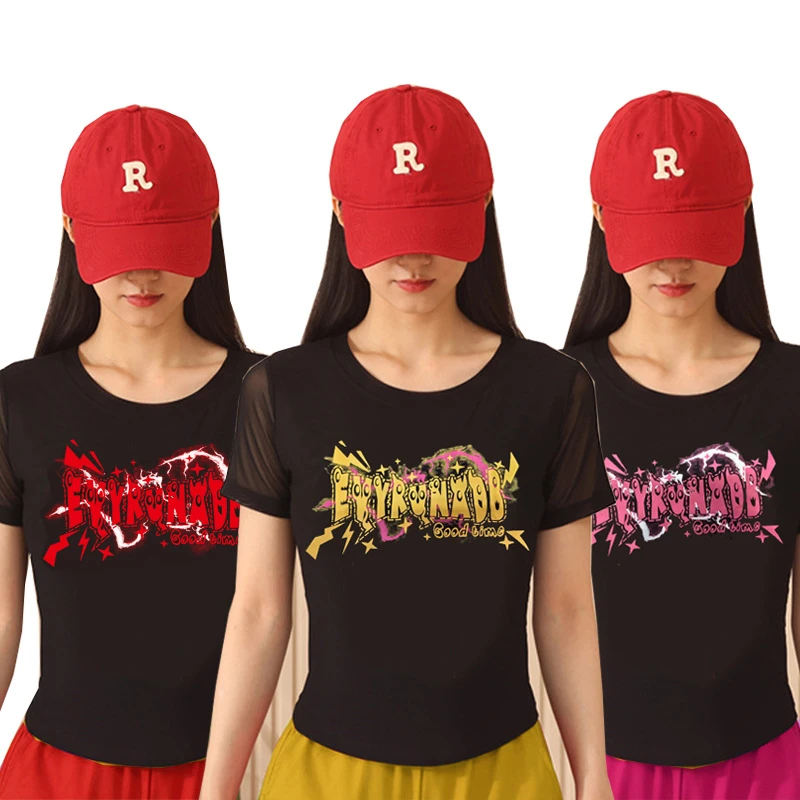 2025夏季新款广场舞软纱蝴蝶结款印花款休闲短袖户外跳舞跳操T恤