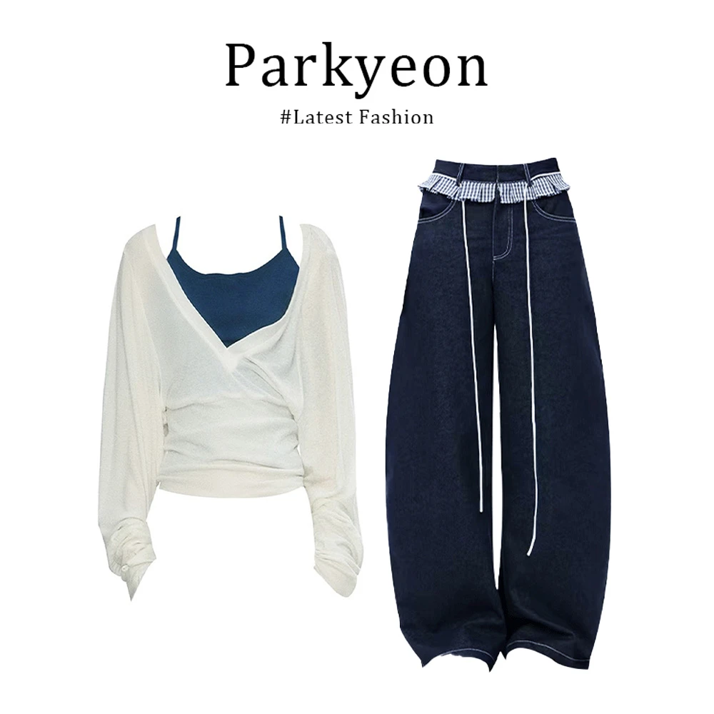 parkyeon韩系时尚针织吊带背心宽松修身罩衫小众直筒休闲裤套装女