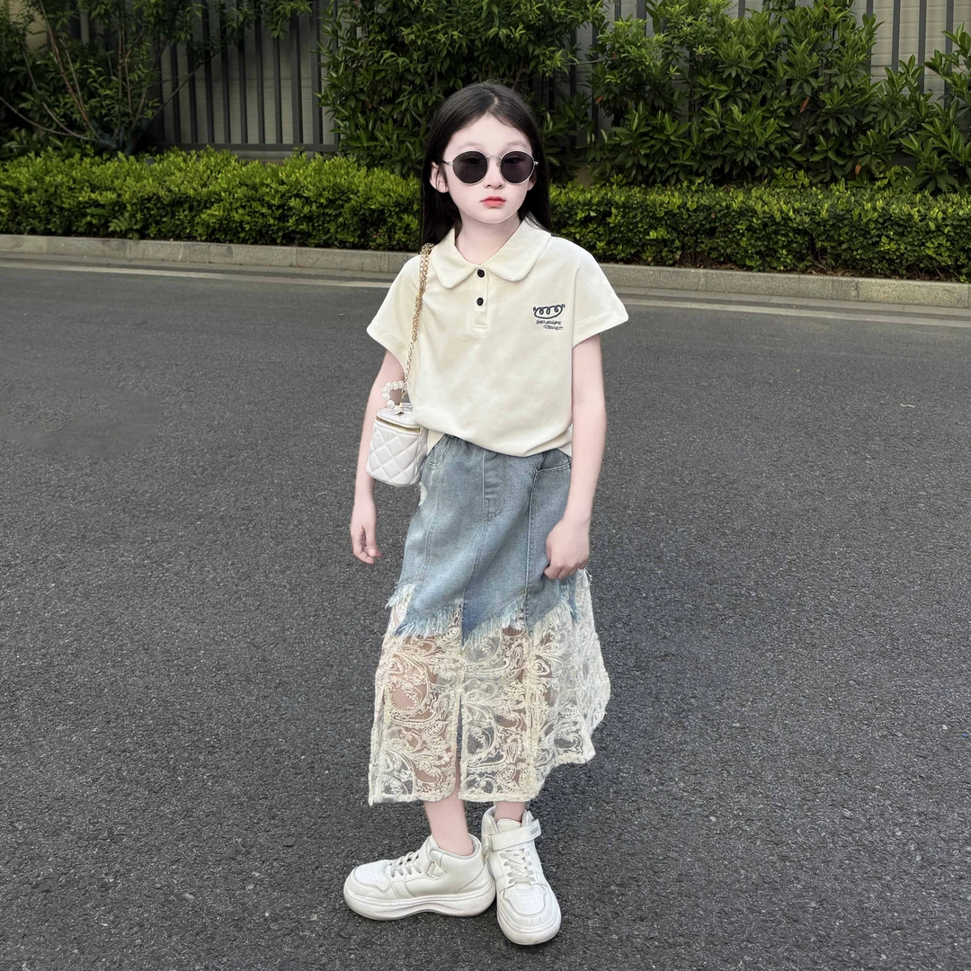 女童POLO衫夏装2025新款韩系穿搭中大童裙子儿童牛仔半身裙套装潮