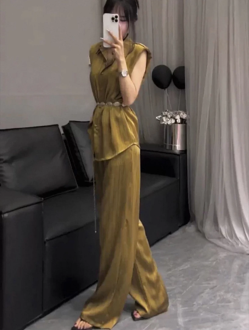 【影姐宠粉】2025新款高级感缎面收腰显瘦无袖衬衫阔腿裤套装703