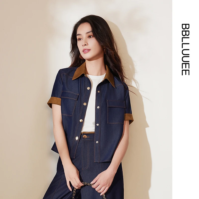 【都市港风】BBLLUUEE/粉蓝衣橱2025夏装新款撞色牛仔短外套女