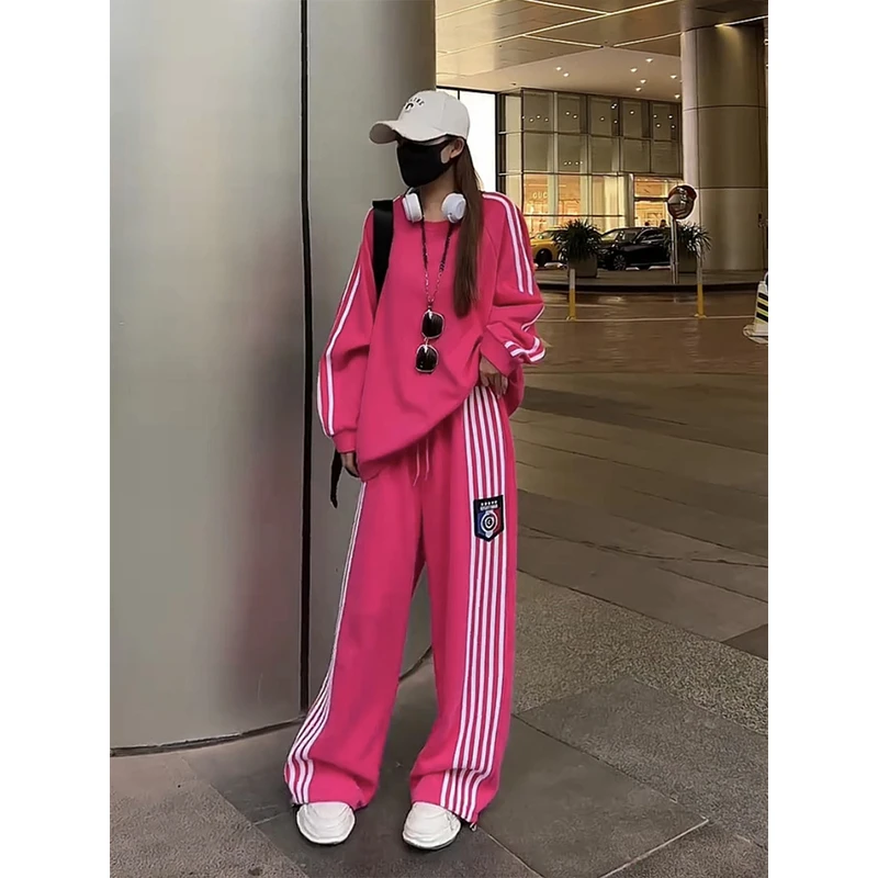 潮牌网红洋气玫红色休闲运动套装女秋冬慵懒显瘦宽松条纹卫衣卫裤