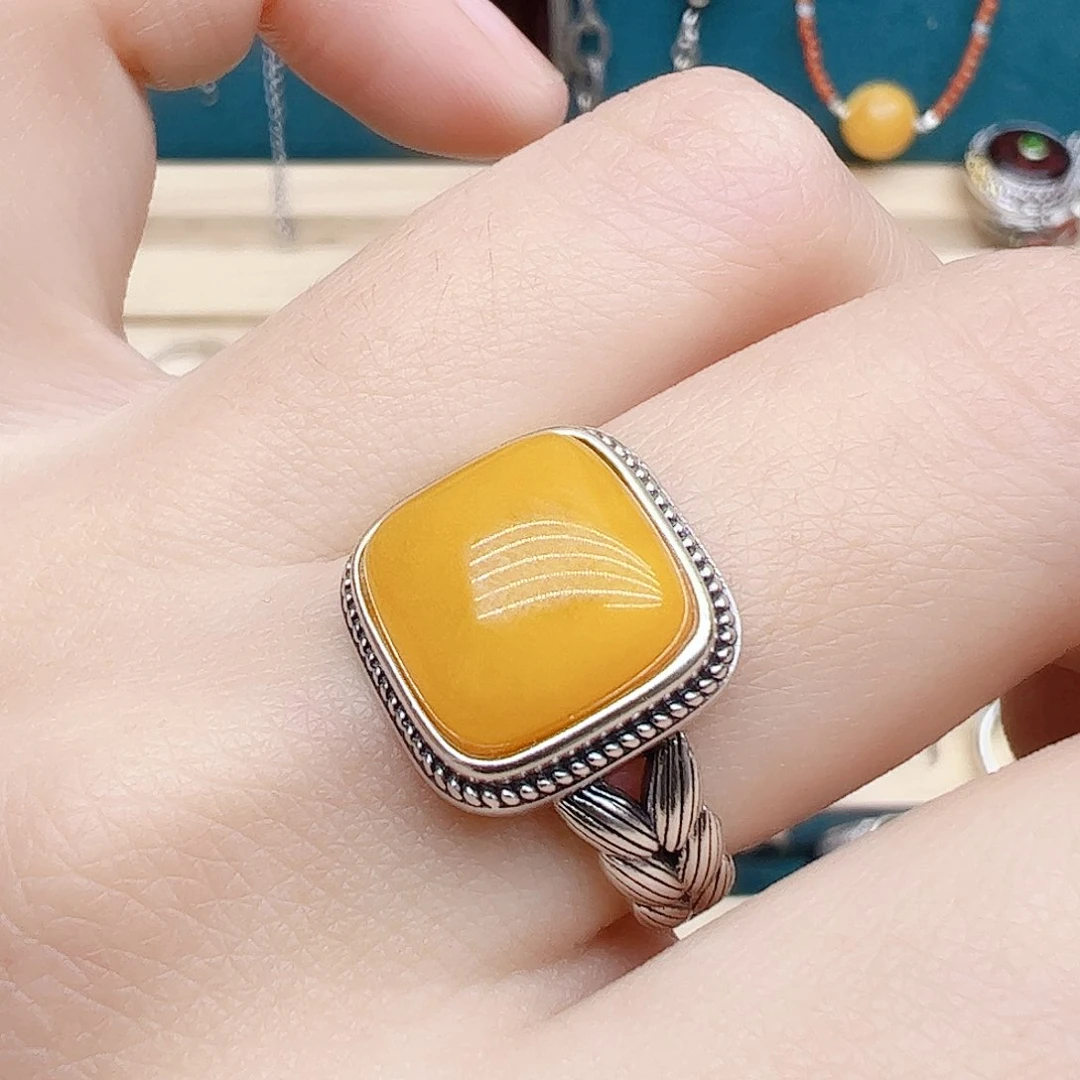 蜜蜡戒指银S925镶嵌天然