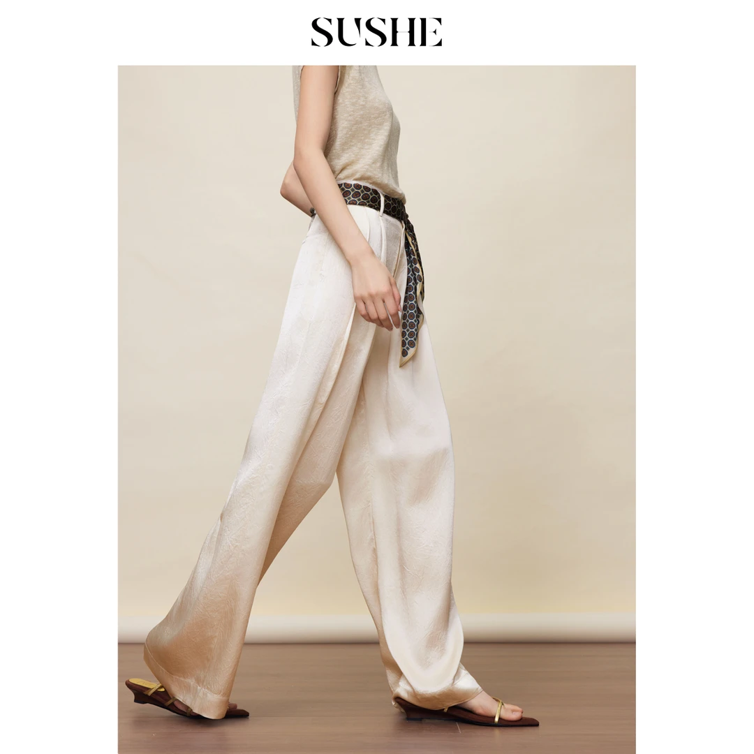 束皙SUSHE 槐夏 100醋酸光泽感压褶毛边设计垂坠高腰宽松阔腿裤女