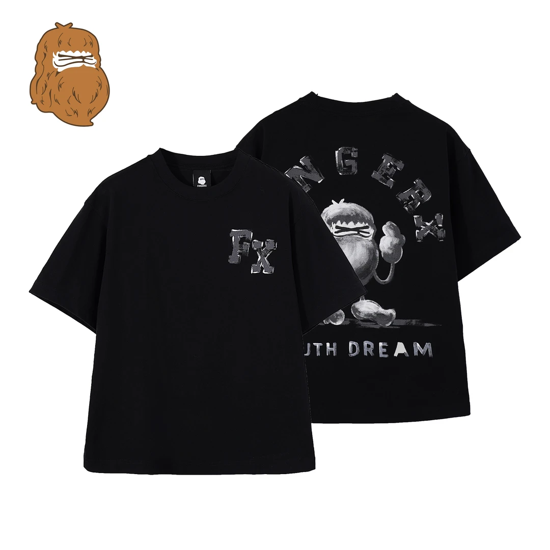 FINGERCROXX纯棉重磅耐脏耐磨不变形不闷汗夏季水洗仿手绘短袖