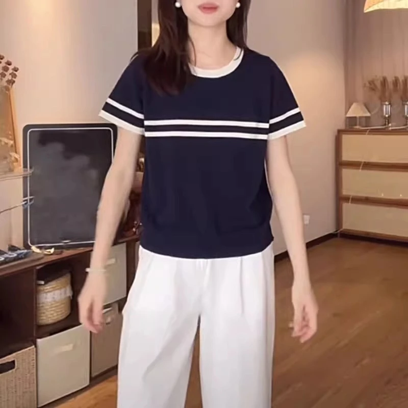 韩版时尚撞色条纹百搭针织衫短袖女夏季新款休闲宽松显瘦气质上衣