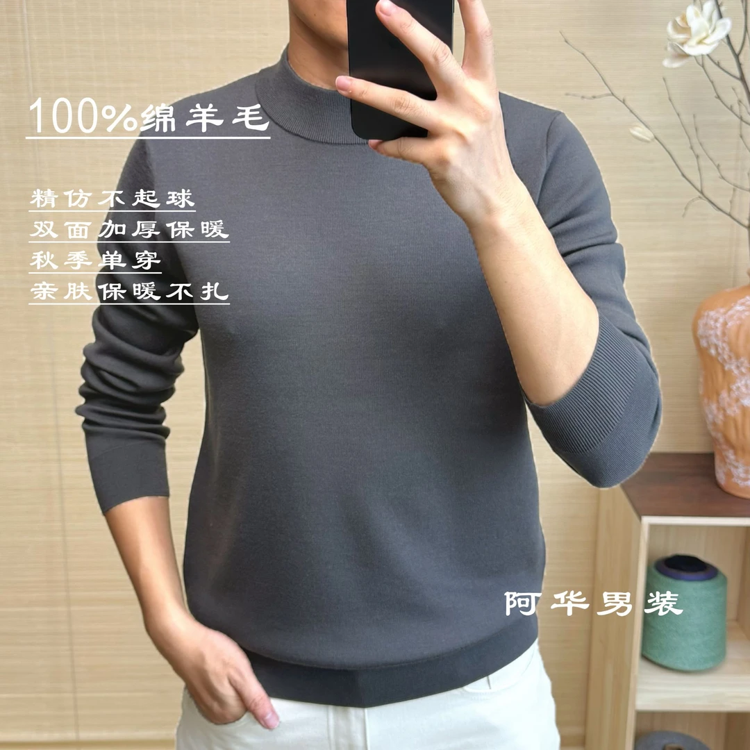 男装100%羊毛精仿秋季毛衣套头款半高领衫男士长袖不起球秋冬季
