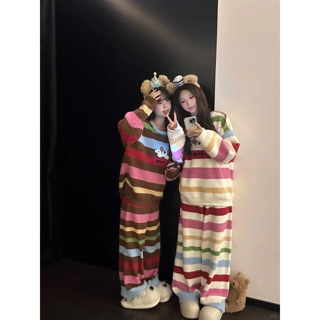 【DMXJ大梦想家】甜美彩虹条纹小狗半边绒保暖睡衣女冬季新款家居服