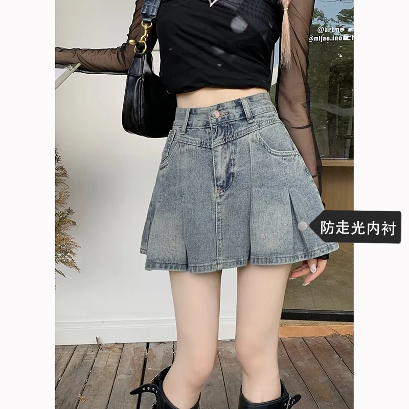 美式复古牛仔短裙女春夏季新款高腰显瘦辣妹半身裙a字百褶牛仔裙