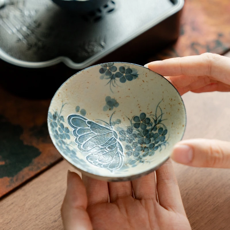 赞朴中式纯手绘蓝蝶普洱杯陶瓷茶杯青花火石红功夫茶具喝茶品茗杯
