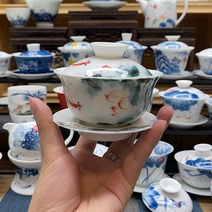 手绘水墨荷花盖碗釉下彩高温瓷微瑕福利款