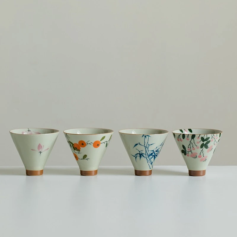 新款家用品茗杯功夫茶具主人杯纯手绘茶杯单杯粉兰花斗笠杯个人杯