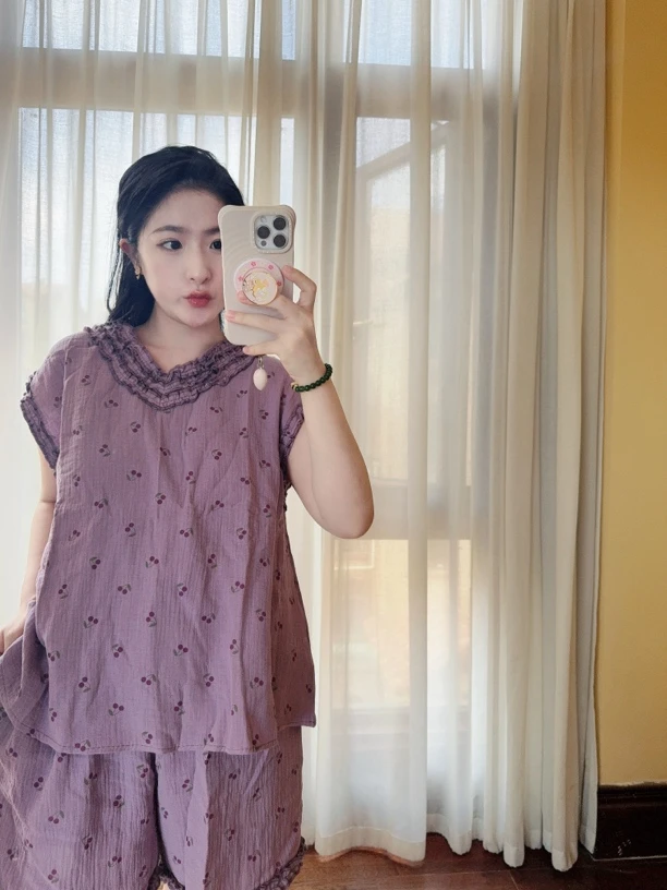CBLM家春夏季棉纱【紫色樱桃】宽松显瘦家居服