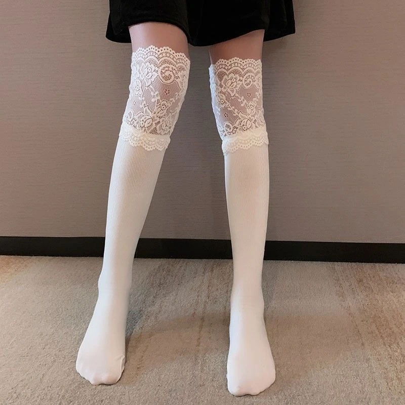 秋冬白色蕾丝长筒袜搭长靴纯欲风日系加厚棉花边大腿袜女性时尚保