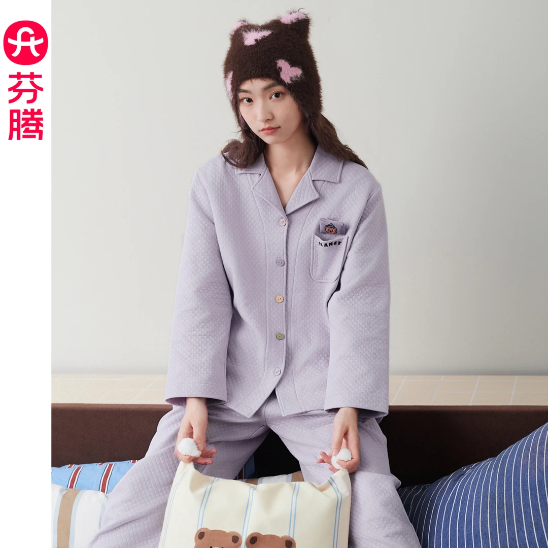 芬腾睡衣女款2025新款空气层夹棉长袖长裤套装春秋季女纯棉家居服
