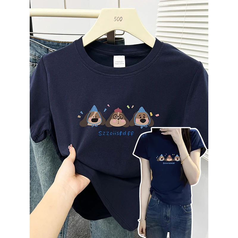 弹力棉半袖衫百搭修身设计感显瘦短袖t恤女卡通大码女装正肩上衣