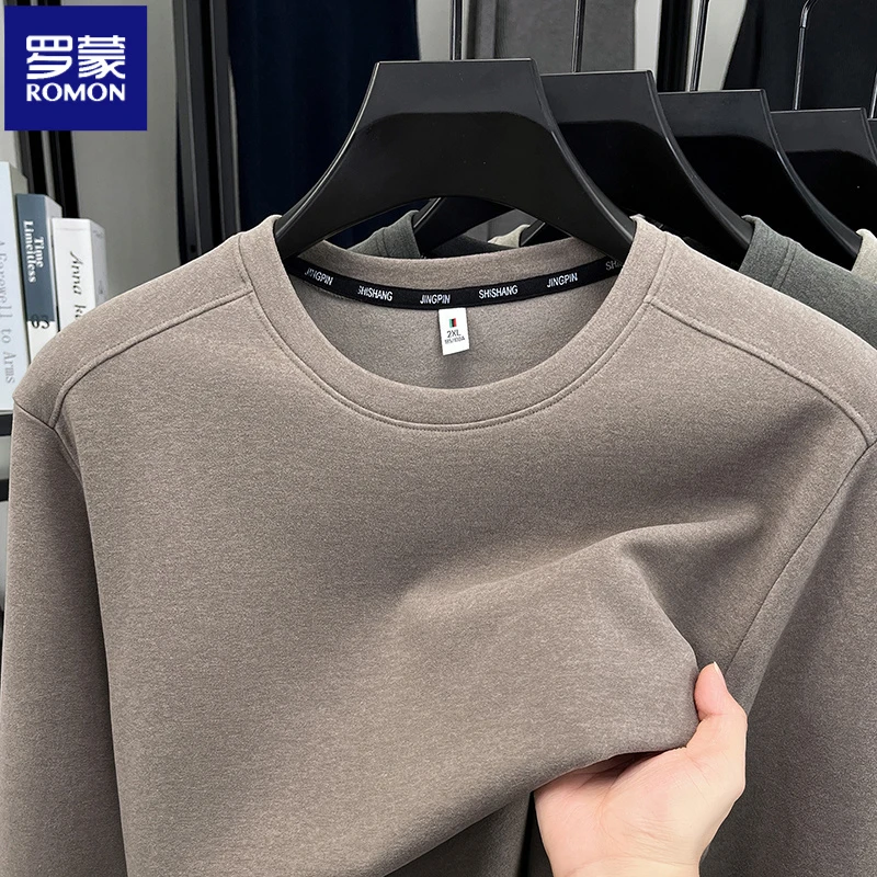 罗蒙秋冬季纯色圆领徳绒圆领长袖卫衣男士时尚舒适亲肤百搭打底衫