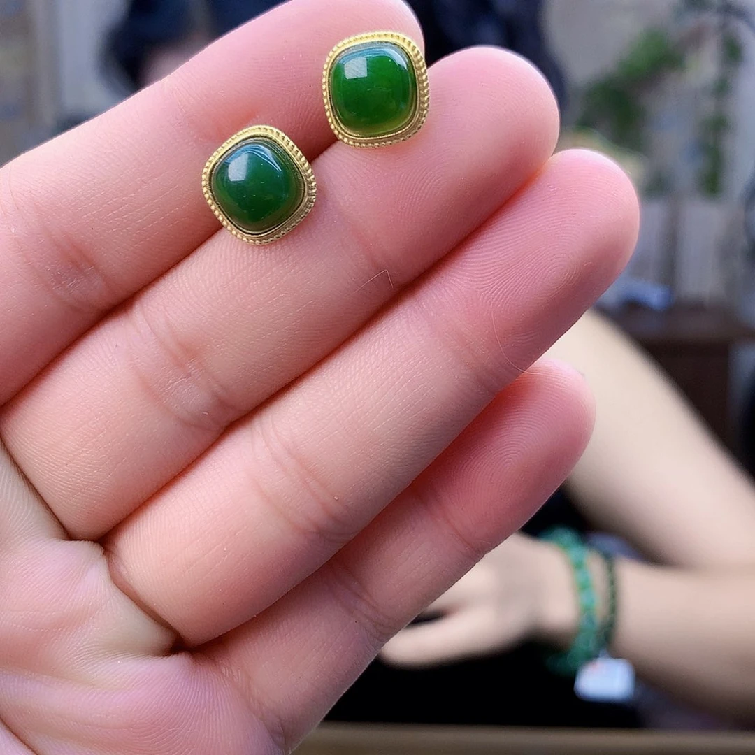 和田玉（碧玉）银S925镶嵌吊坠(不含链)耳钉