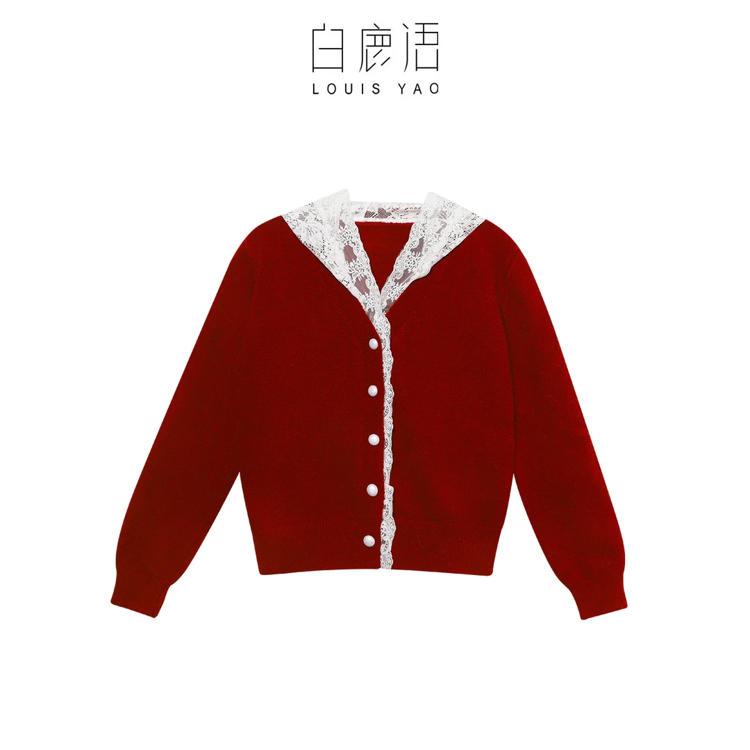白鹿语冬新款时尚蕾丝拼接复古百搭毛衣外套女装上衣BX10493