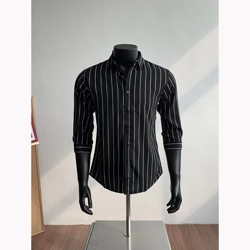 黑白条纹七分袖衬衫男士夏季痞帅高级感冰丝中袖衬衣修身休闲上衣