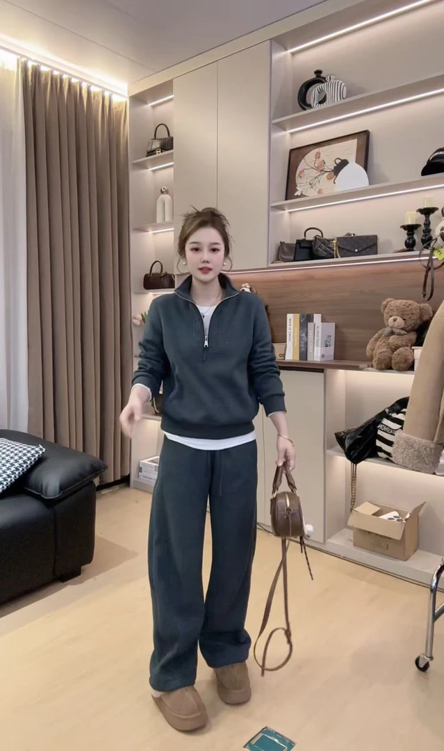 【静伊专属】2025冬季加绒新款半拉链立领套装时尚洋气百搭（1039）