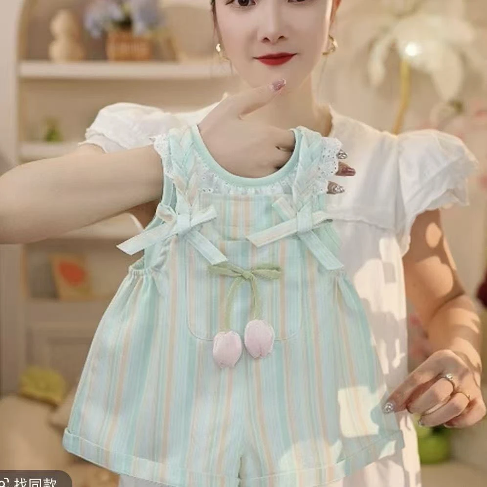 CSC2140夏季新款绿色可爱麻花辫郁金香花边背带裤内搭公主风