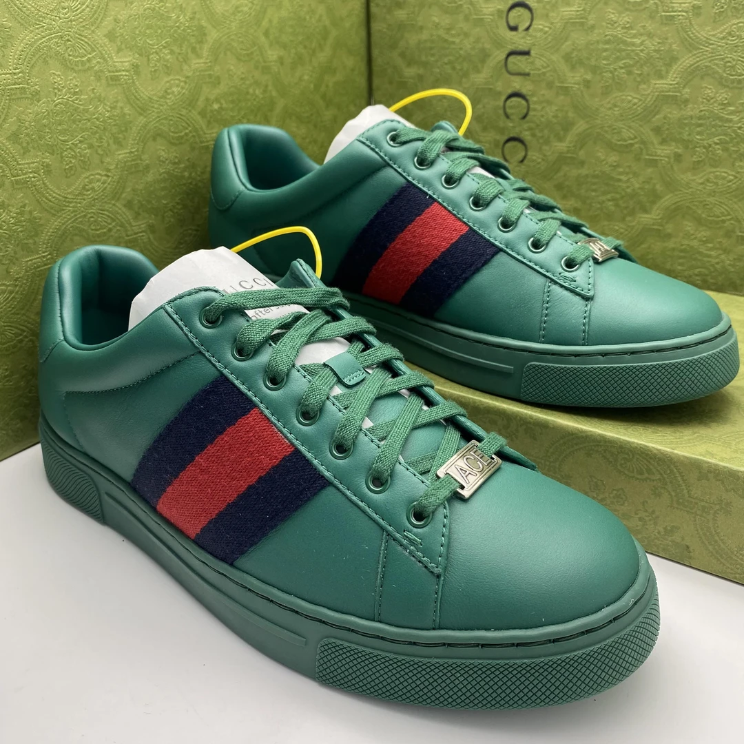 99新 GUCCI/古驰 39欧码/ACE系列休闲板鞋绿色织带/全套未使用