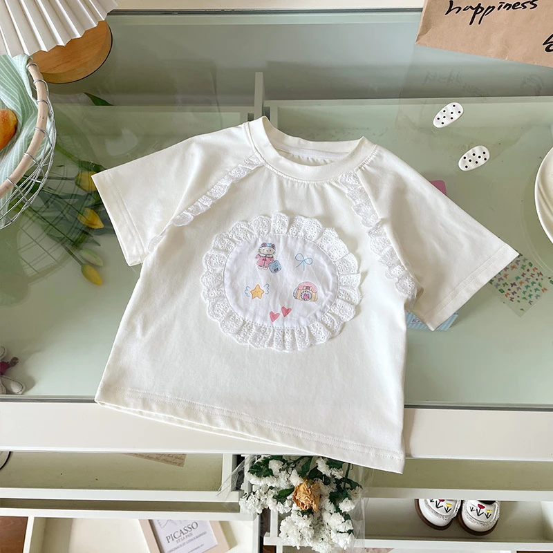 童泰【清仓】【现货】女童短袖2025夏季新款薄款透气贴布花边卡通