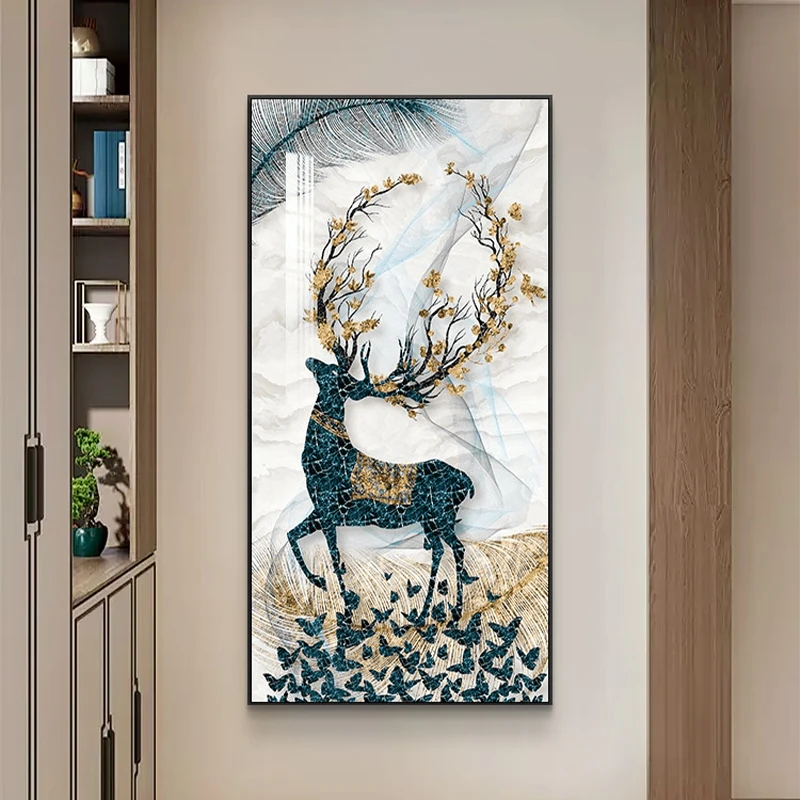 X08镶钻玄关装饰画轻奢现代简约走廊福鹿寿喜玄关装饰画80*160淼