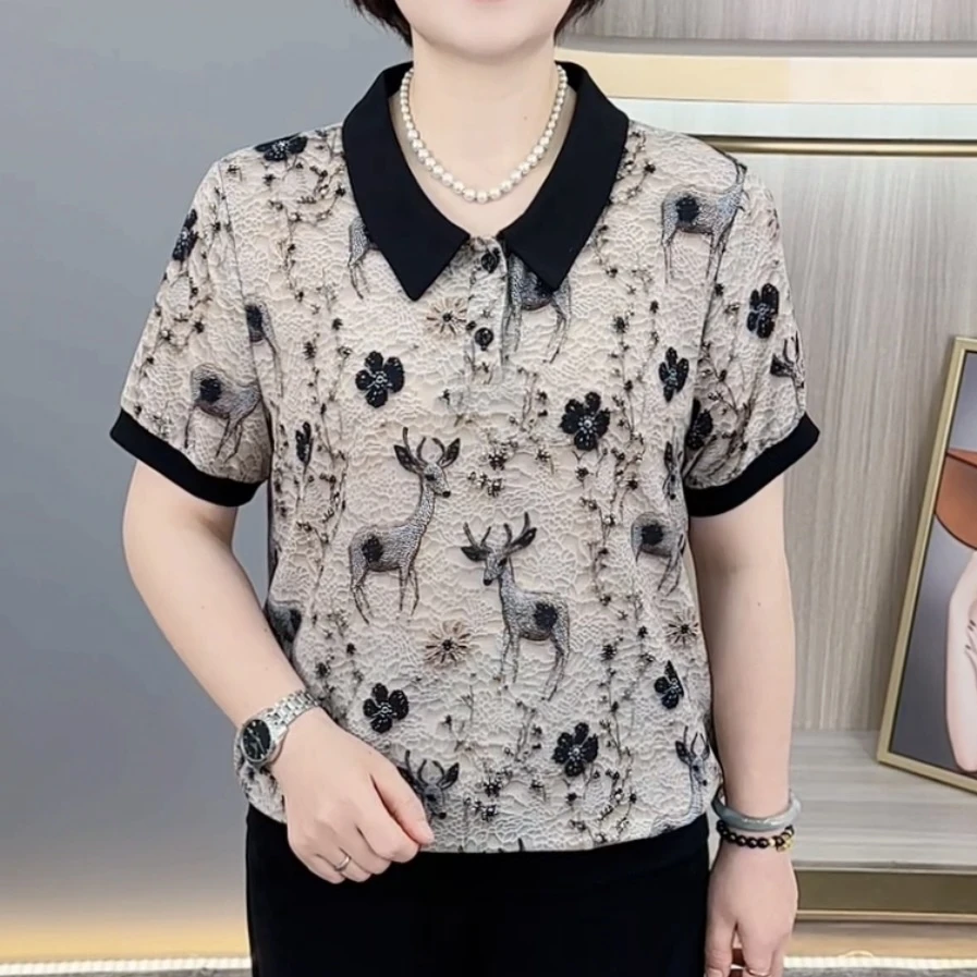 夏季新款时尚翻领洋气妈妈装宽松显瘦休闲百搭女士短袖上衣H887