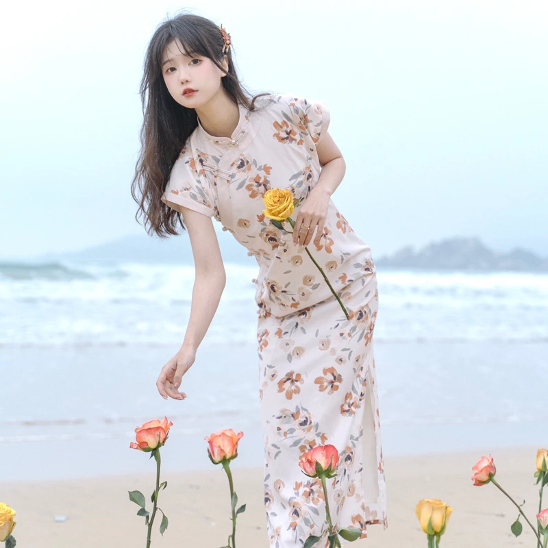 川黛时光：馥郁香氛 民国复原风油画碎花连衣裙女夏曳地短袖旗袍