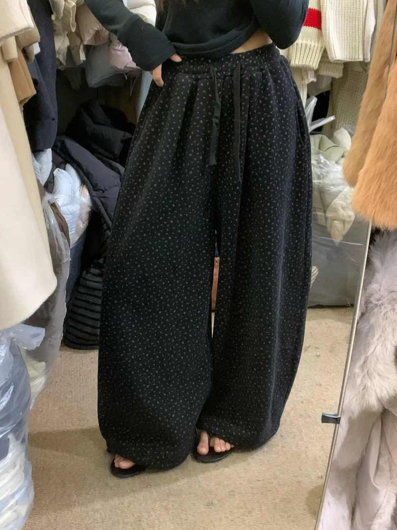 韩系2025冬季新款时尚设计感松紧腰碎花百搭显瘦阔腿休闲裤女潮