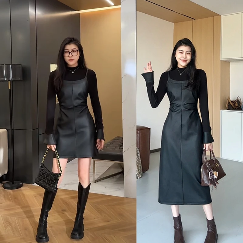 时尚减龄显瘦收腰假两件皮裙连衣裙长裙 6135