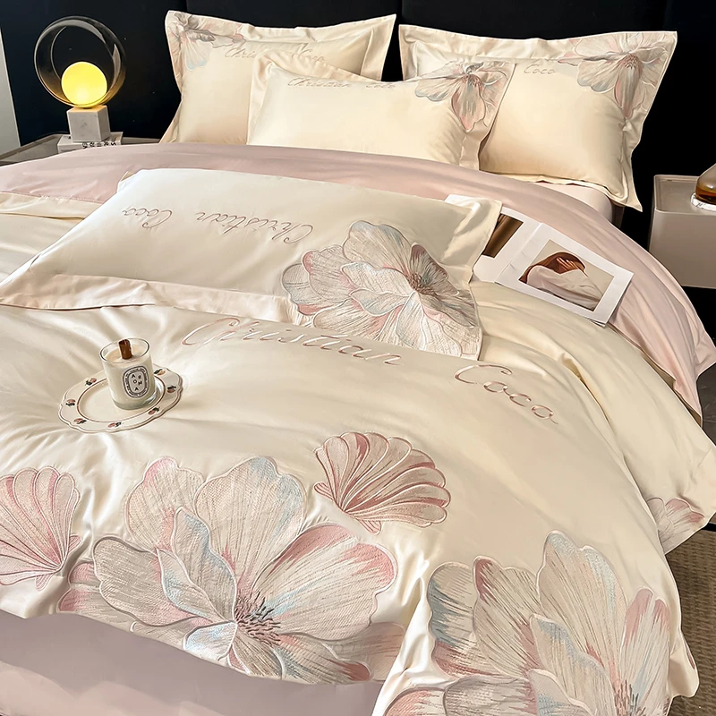 富安娜轻奢风全棉四件套高端刺绣纯棉长绒棉床单被套床笠床上用品