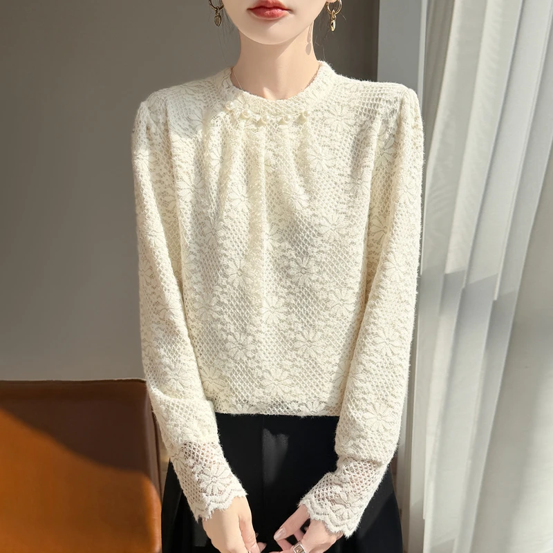 圆领套头款针织衫镂空针织气质蕾丝长袖毛针织衫百搭