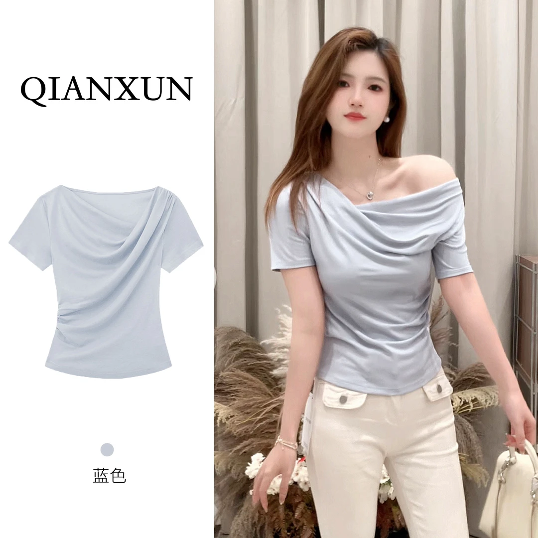 千寻家 多巴胺纯欲荡领斜肩短袖T恤女2025夏季时髦纯欲上衣