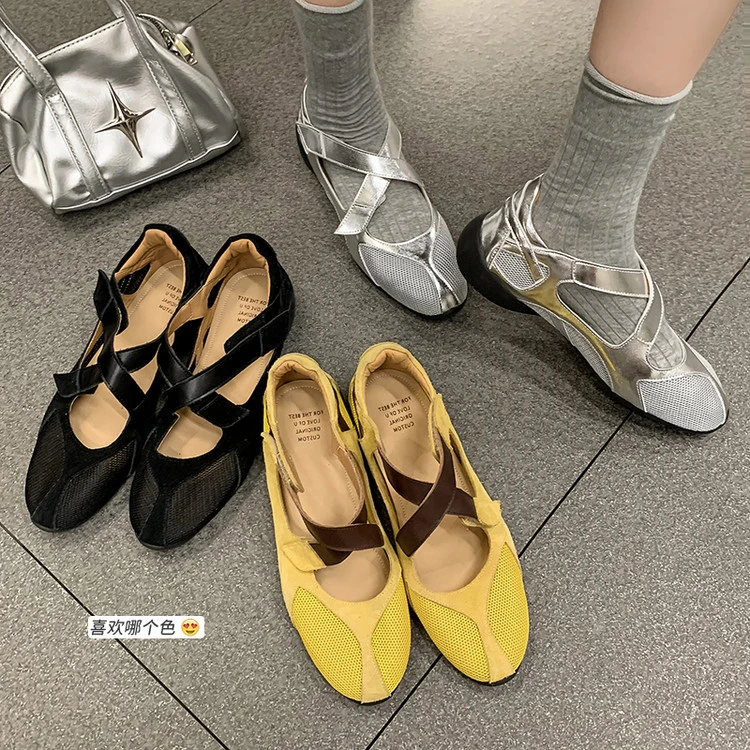 2025新款软底复古运动休魔术贴圆头德训鞋拼色芭蕾比利鞋平底单鞋