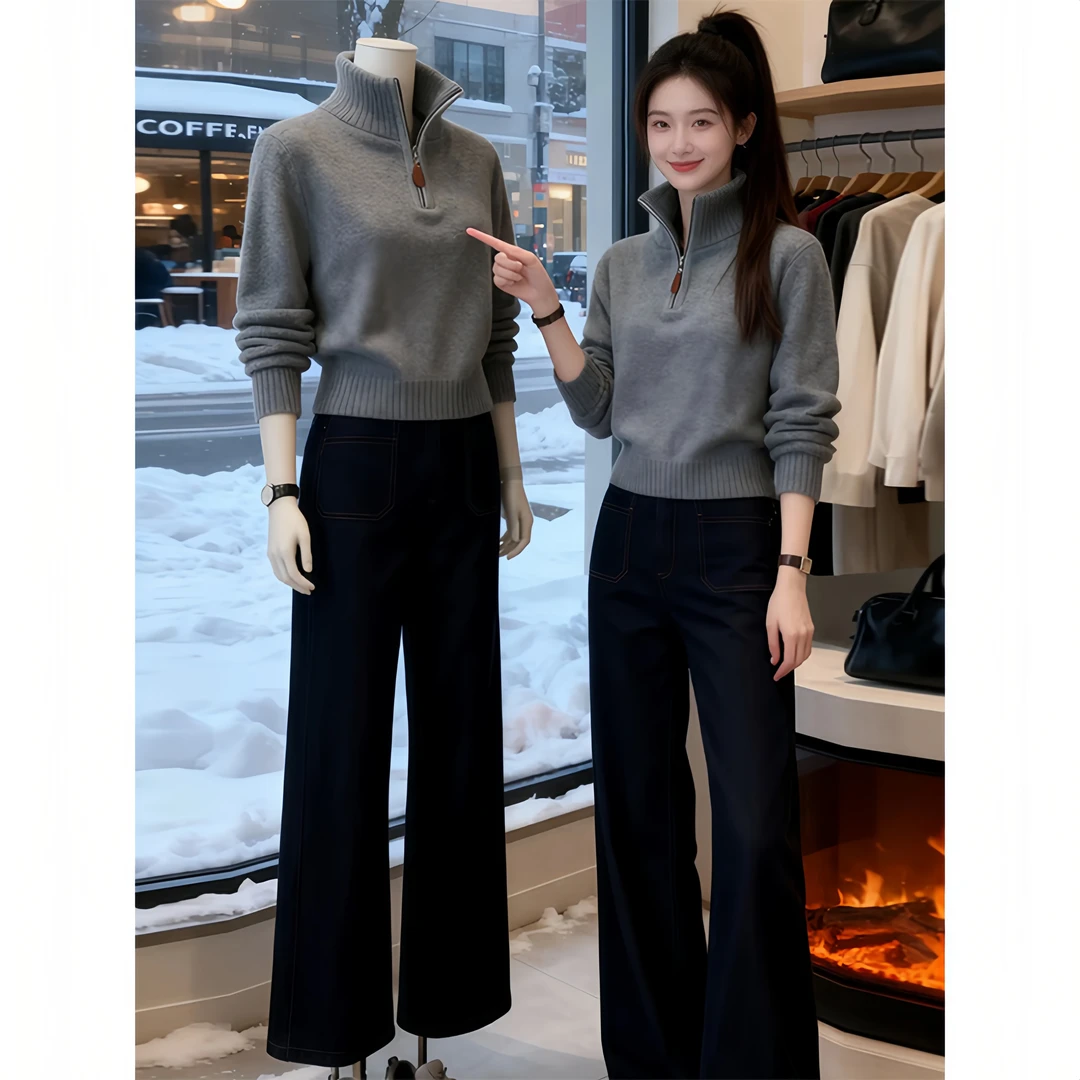 SHALLDOER【暖意交织】韩系半拉链毛衣女士秋冬季慵懒风长袖针织衫