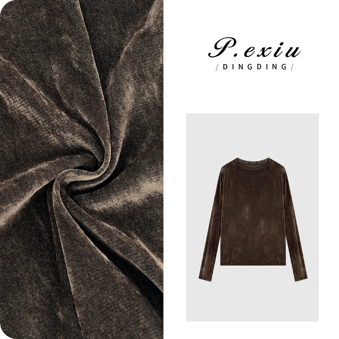 秋冬时髦百搭修身显瘦光泽感丝绒T恤 W-63396-1