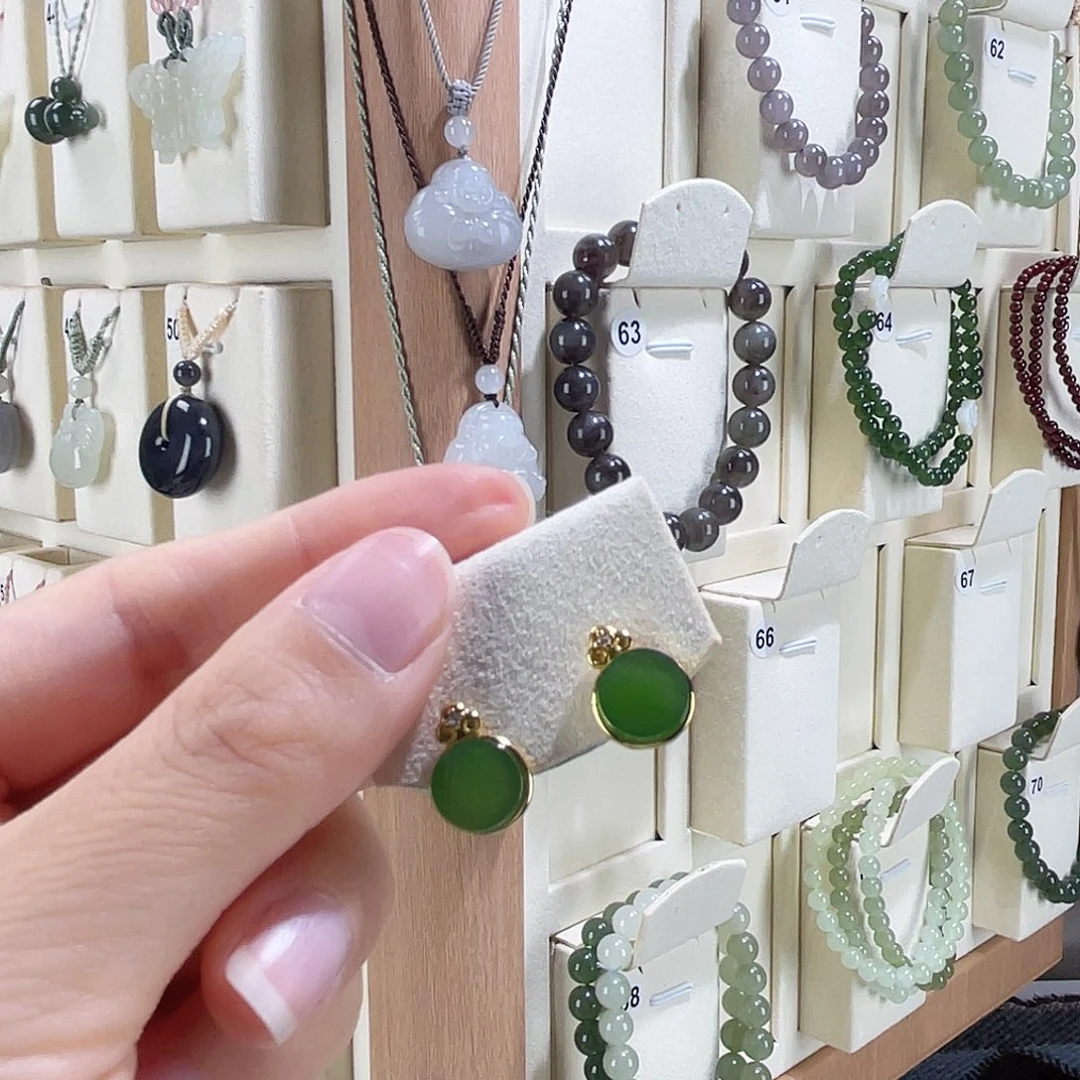 和田玉银S925镀金镶嵌耳饰?****?耳钉