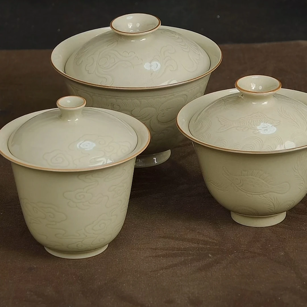 蔓生 牡丹婴戏盖碗 祥云铃铛盖碗 鱼藻纹盖碗草木灰刻绘款二才