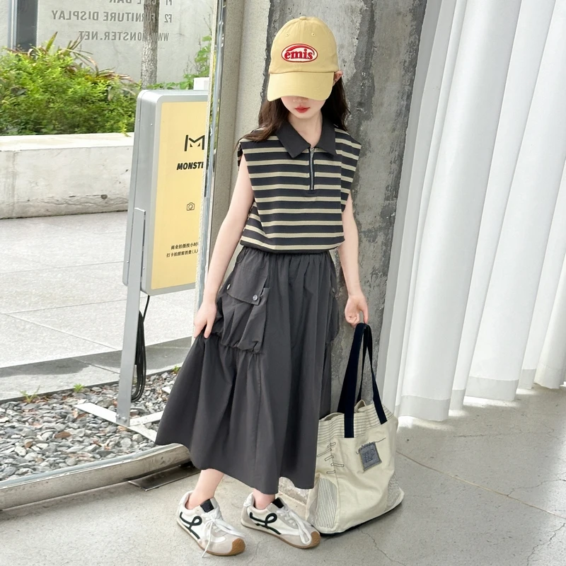 女童学院半身裙套装洋气时髦2025新款夏儿童时尚条纹POLO衫两件套