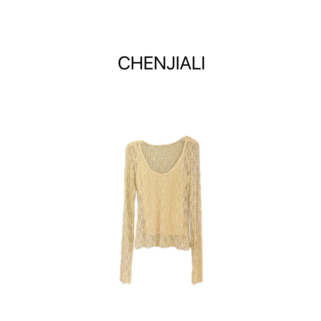 CHENJIALI 【柔金星纱】真两件套蕾丝镂空透视美学修身长袖上衣