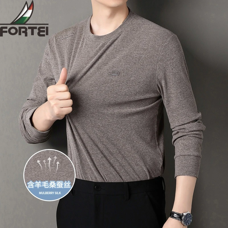 FORTEI/富鋌含桑蚕丝长袖T恤男士圆领多色长袖t恤潮男士秋季打底