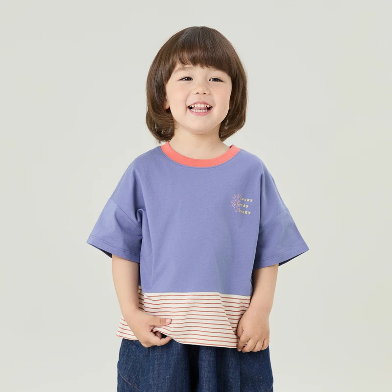 papa爬爬撞色吸汗童装夏季短袖休闲风T恤针织圆领男童