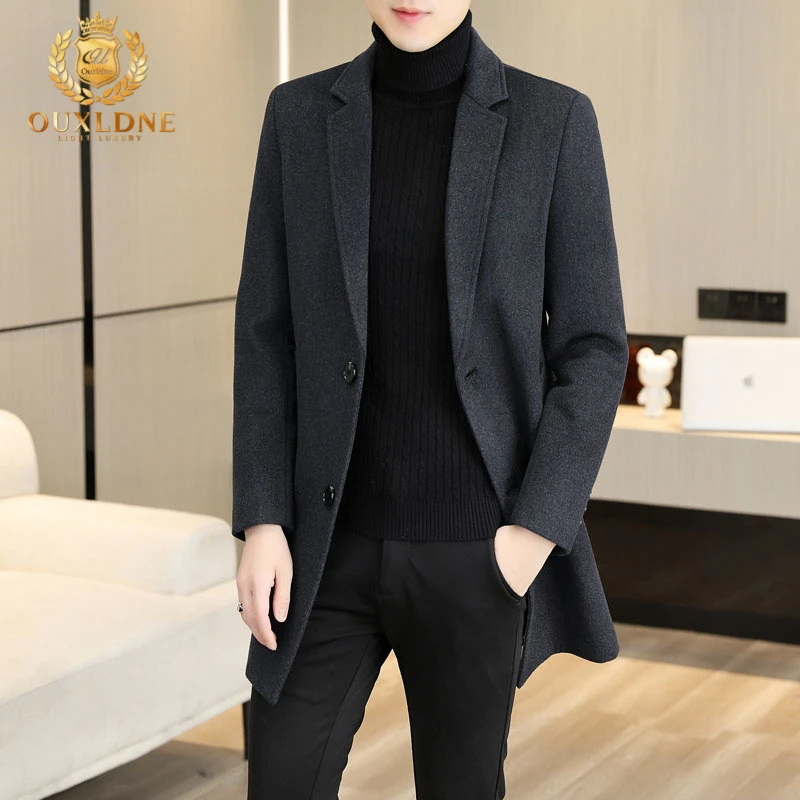 OUXLDNE 中长款毛呢大衣男士2025秋冬季西装领风衣休闲呢子外套潮