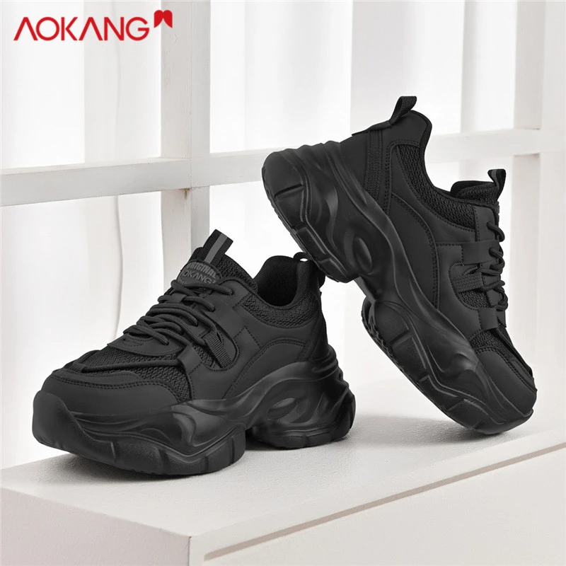 Aokang/奥康官方正品女鞋秋季透气网面鞋厚底增高老爹鞋黑色潮鞋