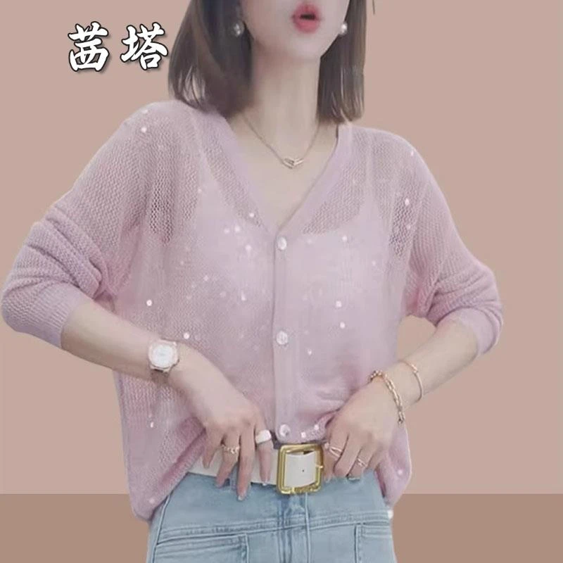 别致独特轻薄透气亮片镂空针织开衫夏季新款休闲防晒小衫百搭上衣