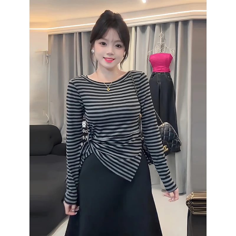 大码韩系复古设计感条纹T恤女秋季微胖mm显瘦气质打底衫内搭上衣
