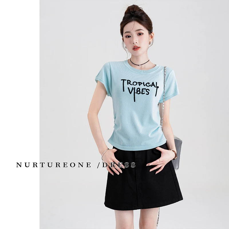 韩系少女感短袖t恤2024新款夏季字母刺绣修身显瘦短款收腰针织衫